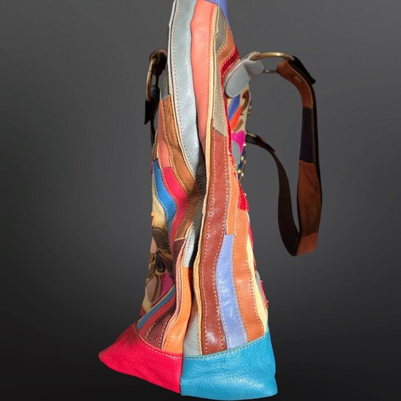 Boho Patchwork Leather Bag Studded Large Canvas Shoulder Handbag Tote Colorful - Picture 11 of 14